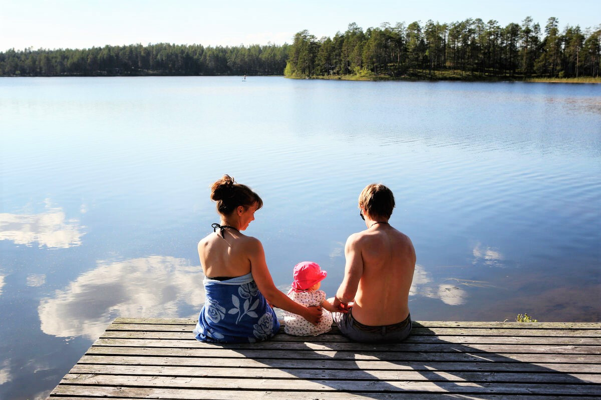 Family, swimming, summer, Lapland